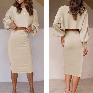 2-Piece Knit Midi Skirt+Sweater Set